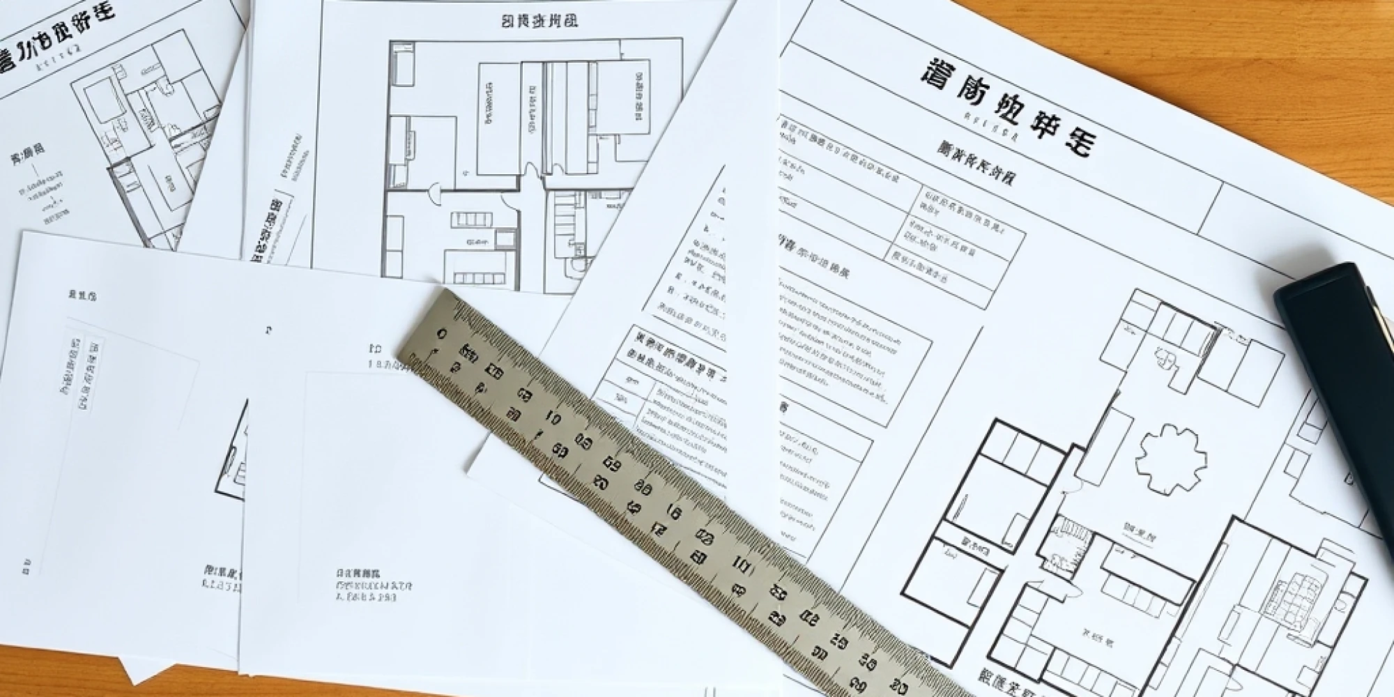 專業建築與室內裝修圖說審查情境，桌上放著設計藍圖與法規文件