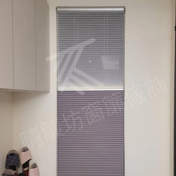 【進口無縫遮光布】【進口無縫窗紗】【雙重奏風琴簾】【無縫全遮光窗簾布】【遮、調光捲簾】【50mm布T木百葉】溫馨住宅案