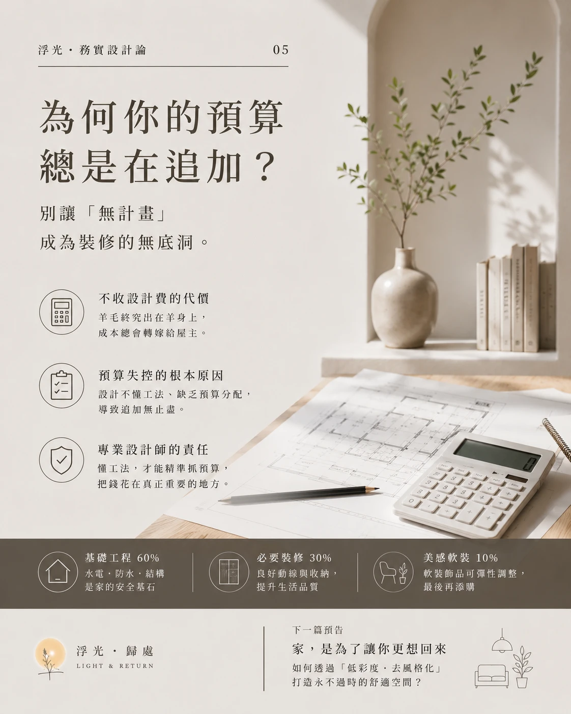 【浮光・務實設計論】系列文章 05 ：預算控管 為何你的預算總是在追加？ 別讓「無計畫」成為裝修的無底洞