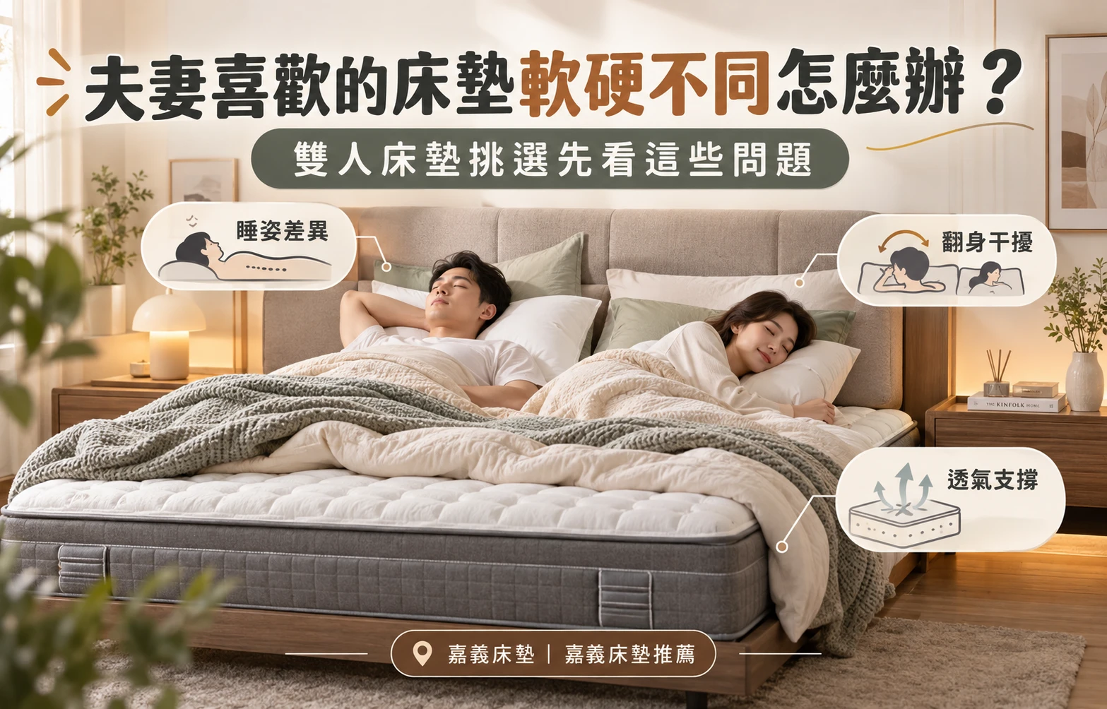 夫妻喜歡的床墊軟硬不同怎麼辦？雙人床墊挑選先看這些問題｜嘉義床墊｜嘉義床墊推薦