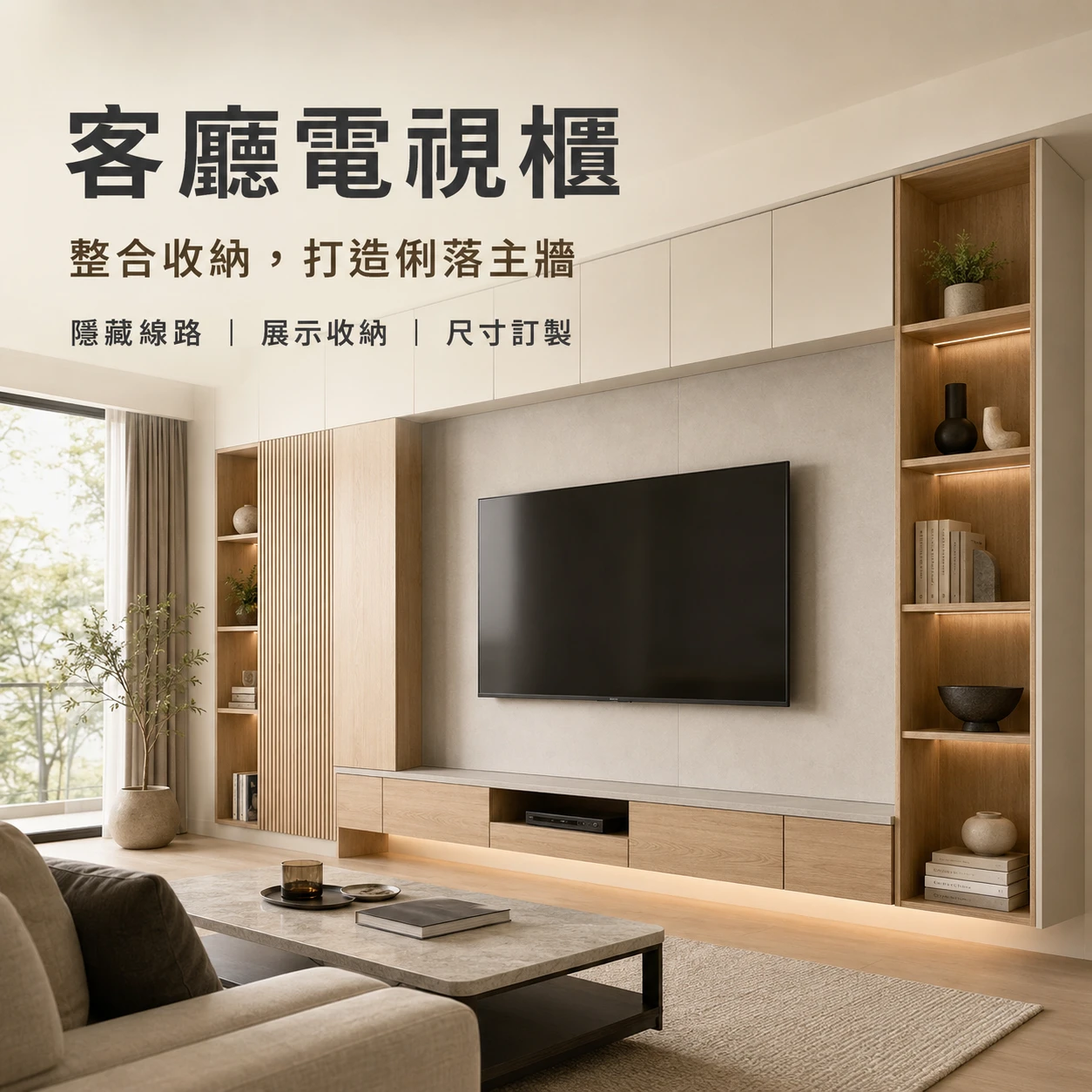客廳電視櫃｜整合收納，打造俐落主牆