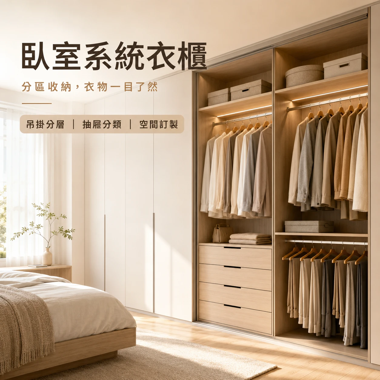 臥室系統衣櫃｜分區收納，衣物一目了然